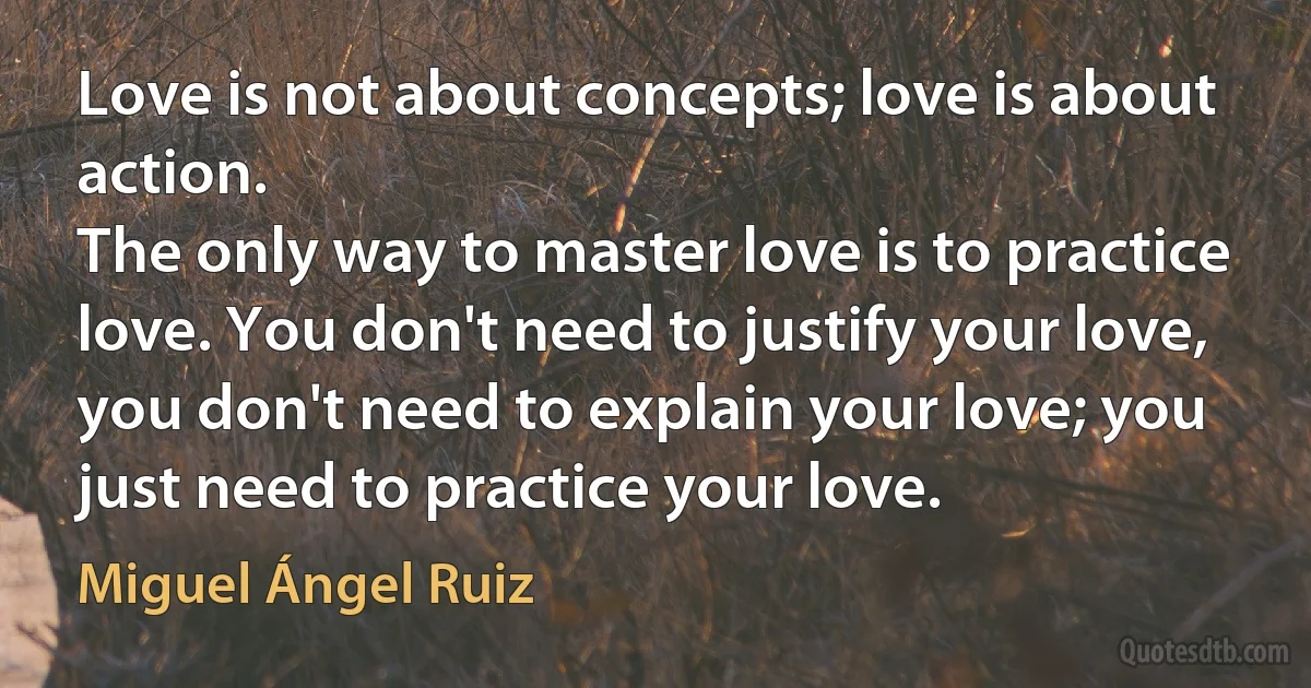 Love is not about concepts; love is about action.
The only way to master love is to practice love. You don't need to justify your love, you don't need to explain your love; you just need to practice your love. (Miguel Ángel Ruiz)