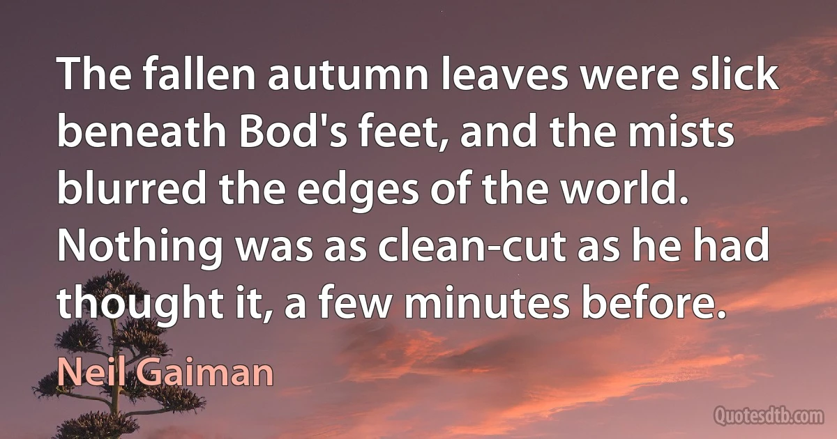 The fallen autumn leaves were slick beneath Bod's feet, and the mists blurred the edges of the world. Nothing was as clean-cut as he had thought it, a few minutes before. (Neil Gaiman)