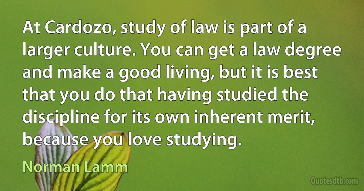 At Cardozo, study of law is part of a larger culture. You can get a law degree and make a good living, but it is best that you do that having studied the discipline for its own inherent merit, because you love studying. (Norman Lamm)