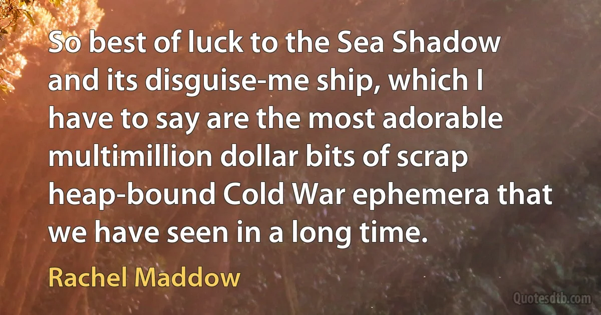 So best of luck to the Sea Shadow and its disguise-me ship, which I have to say are the most adorable multimillion dollar bits of scrap heap-bound Cold War ephemera that we have seen in a long time. (Rachel Maddow)