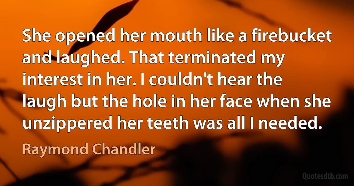 She opened her mouth like a firebucket and laughed. That terminated my interest in her. I couldn't hear the laugh but the hole in her face when she unzippered her teeth was all I needed. (Raymond Chandler)