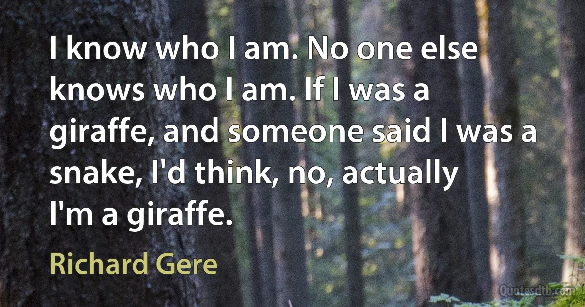 I know who I am. No one else knows who I am. If I was a giraffe, and someone said I was a snake, I'd think, no, actually I'm a giraffe. (Richard Gere)