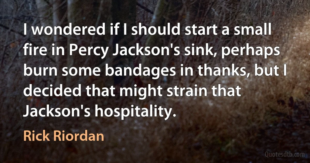 I wondered if I should start a small fire in Percy Jackson's sink, perhaps burn some bandages in thanks, but I decided that might strain that Jackson's hospitality. (Rick Riordan)