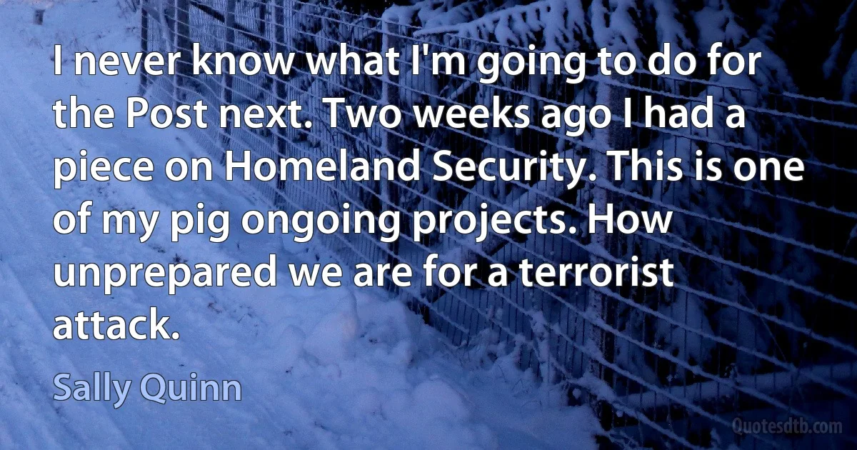 I never know what I'm going to do for the Post next. Two weeks ago I had a piece on Homeland Security. This is one of my pig ongoing projects. How unprepared we are for a terrorist attack. (Sally Quinn)