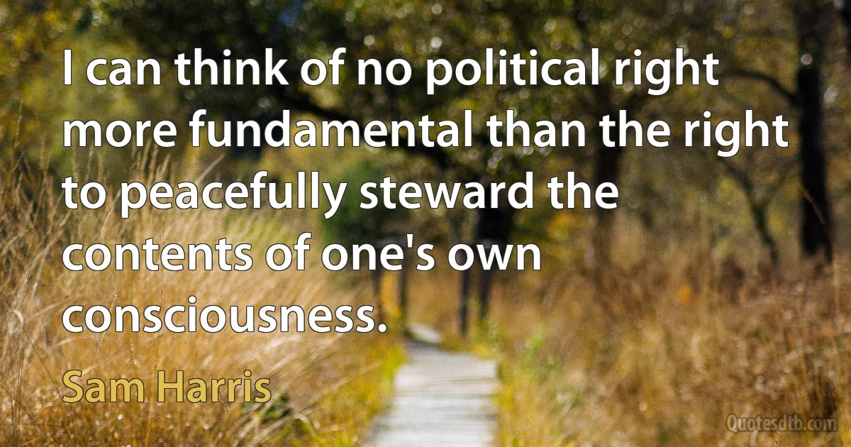 I can think of no political right more fundamental than the right to peacefully steward the contents of one's own consciousness. (Sam Harris)