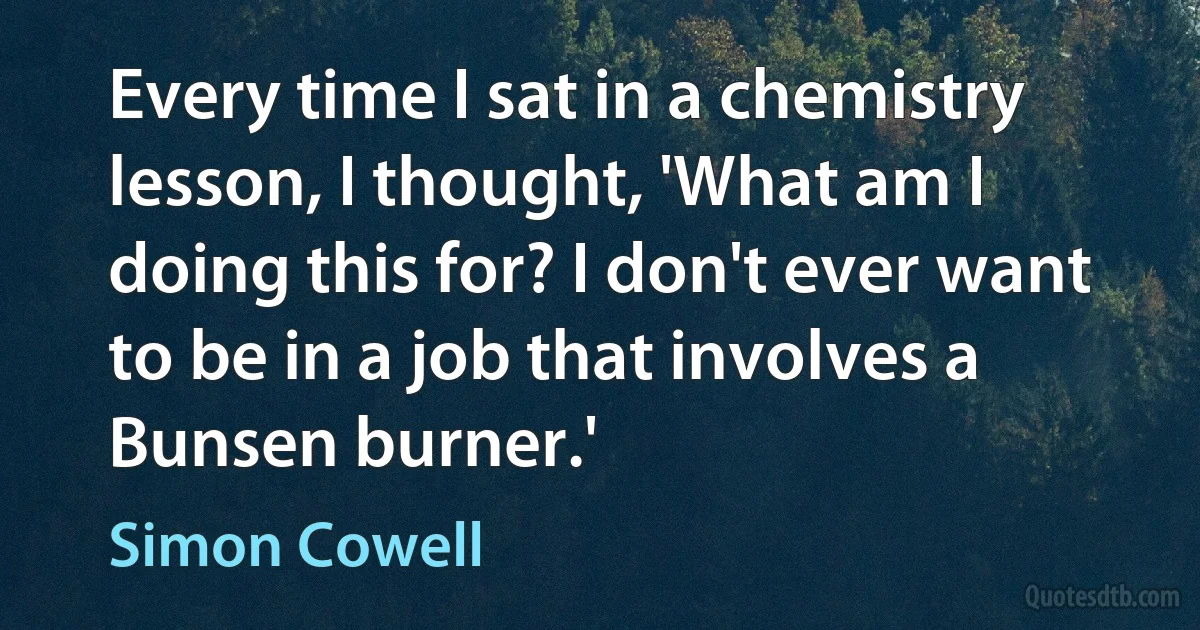 Every time I sat in a chemistry lesson, I thought, 'What am I doing this for? I don't ever want to be in a job that involves a Bunsen burner.' (Simon Cowell)