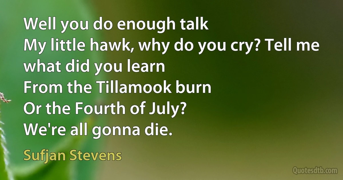 Well you do enough talk
My little hawk, why do you cry? Tell me what did you learn
From the Tillamook burn
Or the Fourth of July?
We're all gonna die. (Sufjan Stevens)