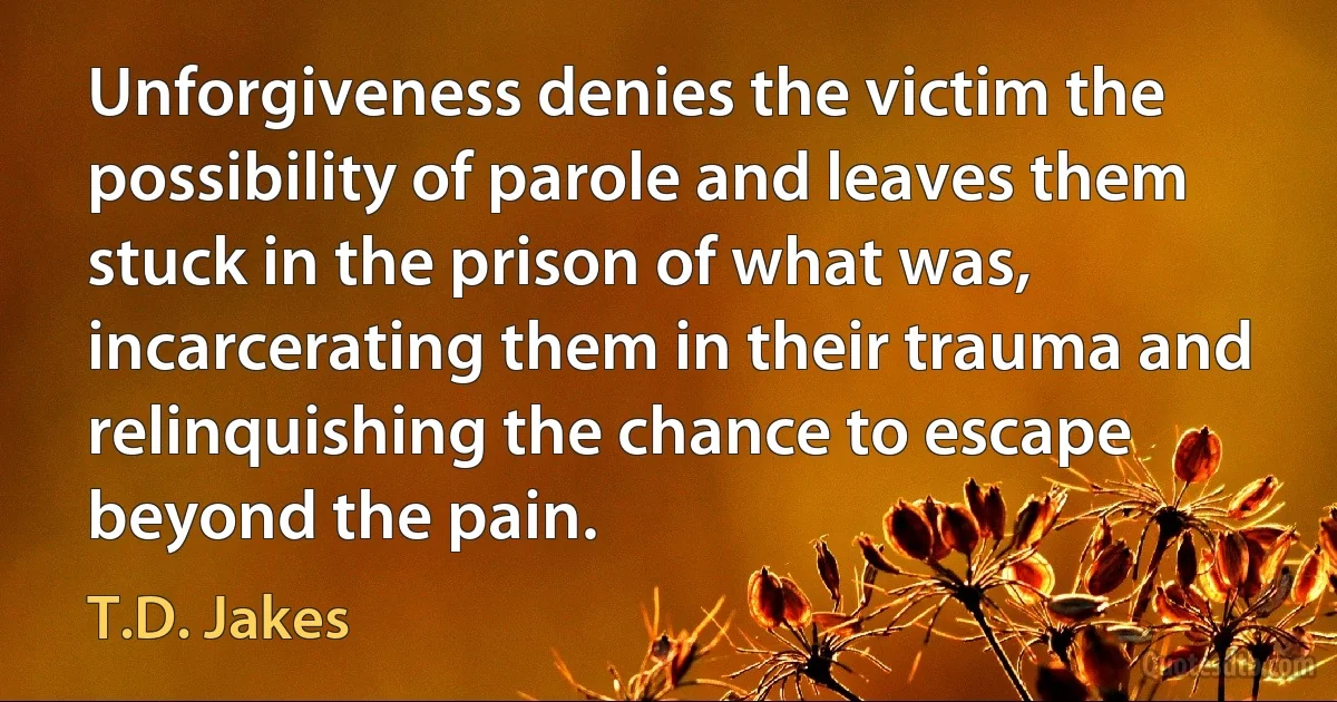 Unforgiveness denies the victim the possibility of parole and leaves them stuck in the prison of what was, incarcerating them in their trauma and relinquishing the chance to escape beyond the pain. (T.D. Jakes)