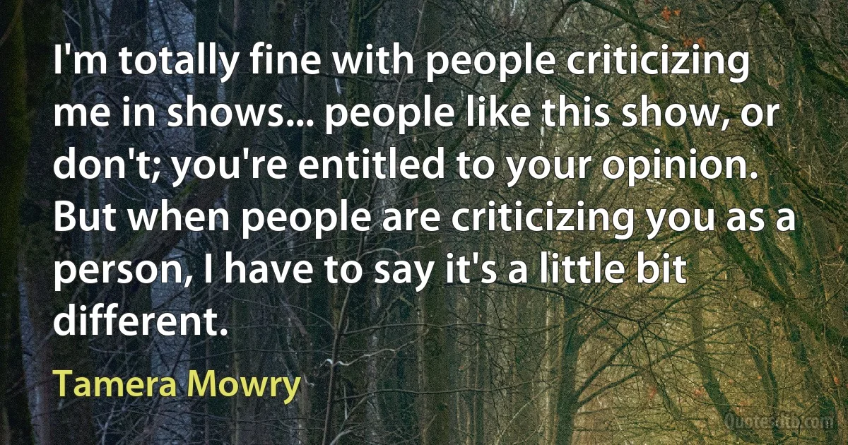 I'm totally fine with people criticizing me in shows... people like this show, or don't; you're entitled to your opinion. But when people are criticizing you as a person, I have to say it's a little bit different. (Tamera Mowry)