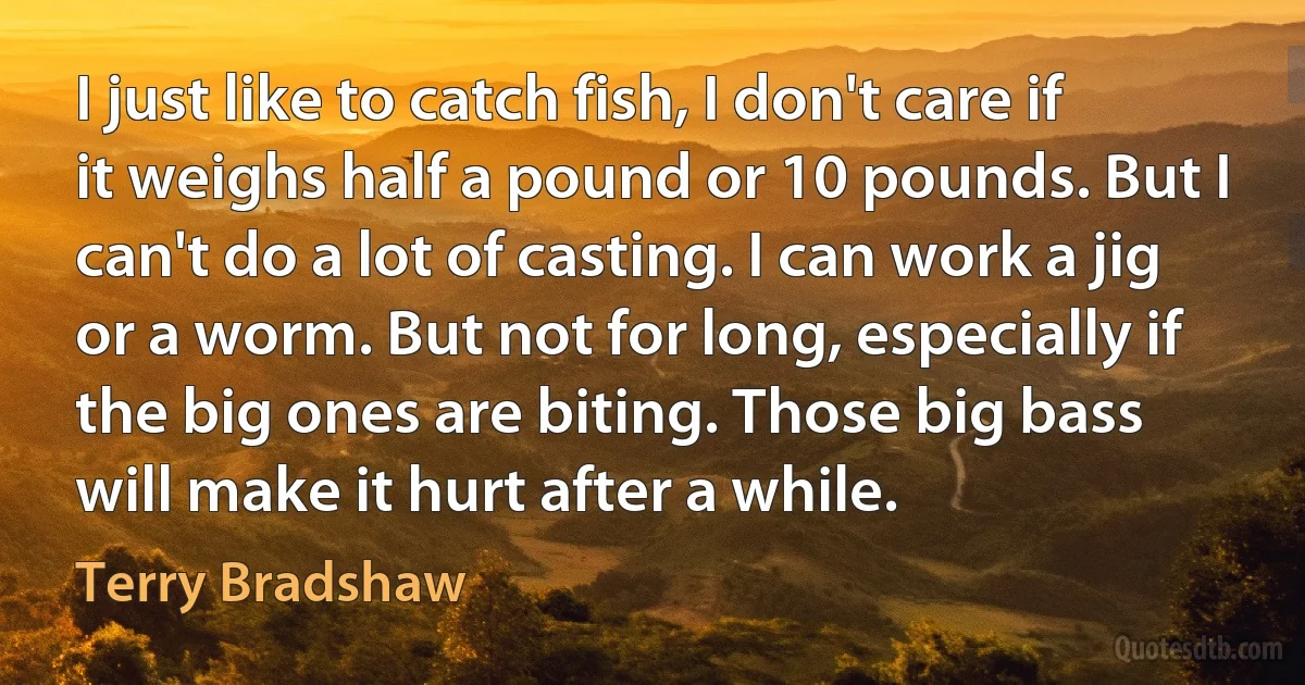 I just like to catch fish, I don't care if it weighs half a pound or 10 pounds. But I can't do a lot of casting. I can work a jig or a worm. But not for long, especially if the big ones are biting. Those big bass will make it hurt after a while. (Terry Bradshaw)