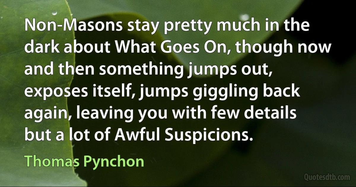 Non-Masons stay pretty much in the dark about What Goes On, though now and then something jumps out, exposes itself, jumps giggling back again, leaving you with few details but a lot of Awful Suspicions. (Thomas Pynchon)