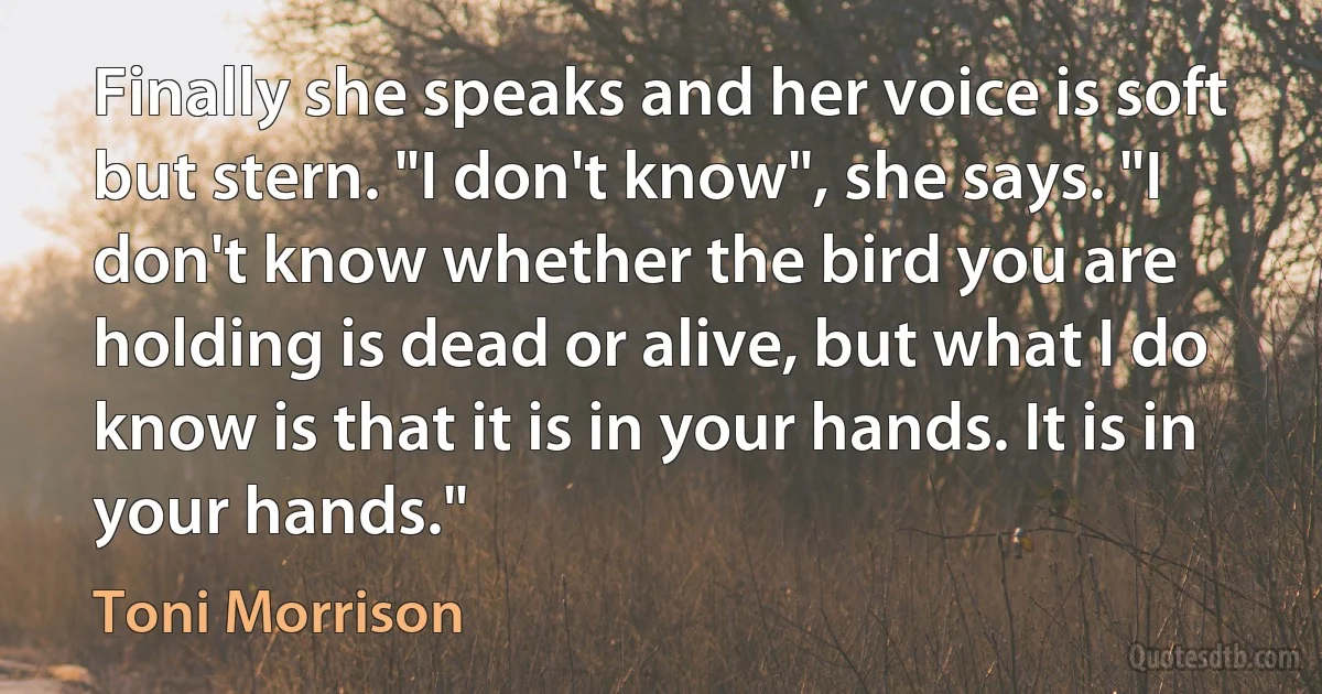 Finally she speaks and her voice is soft but stern. "I don't know", she says. "I don't know whether the bird you are holding is dead or alive, but what I do know is that it is in your hands. It is in your hands." (Toni Morrison)