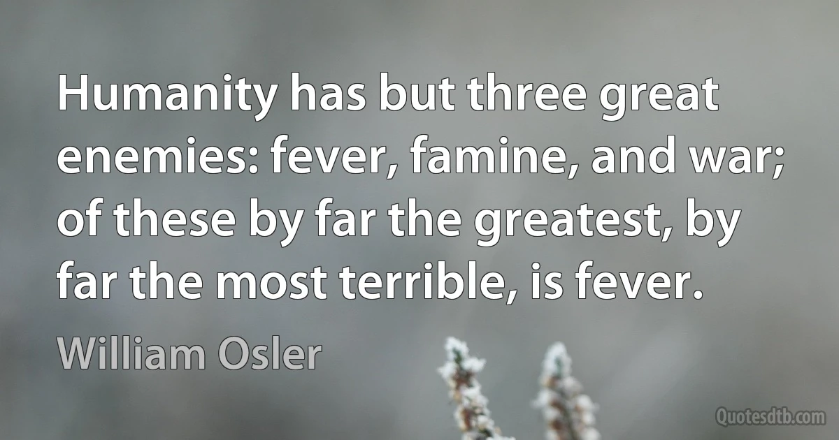 Humanity has but three great enemies: fever, famine, and war; of these by far the greatest, by far the most terrible, is fever. (William Osler)