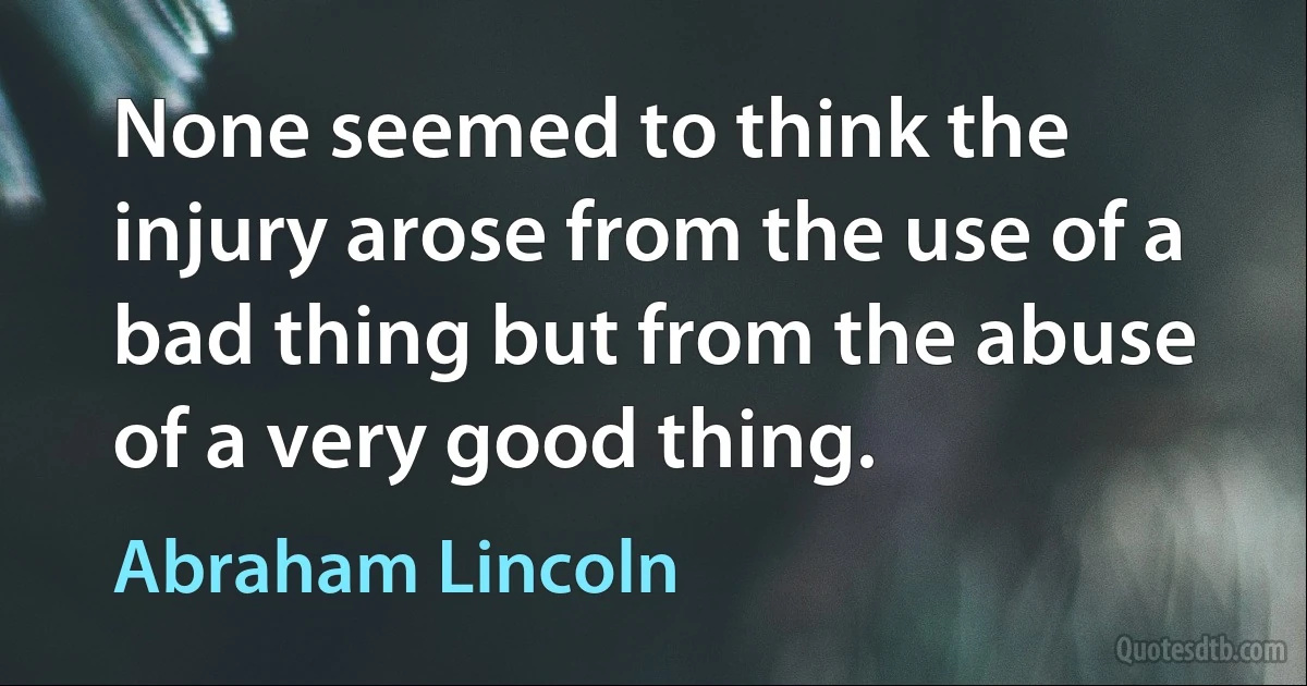 None seemed to think the injury arose from the use of a bad thing but from the abuse of a very good thing. (Abraham Lincoln)