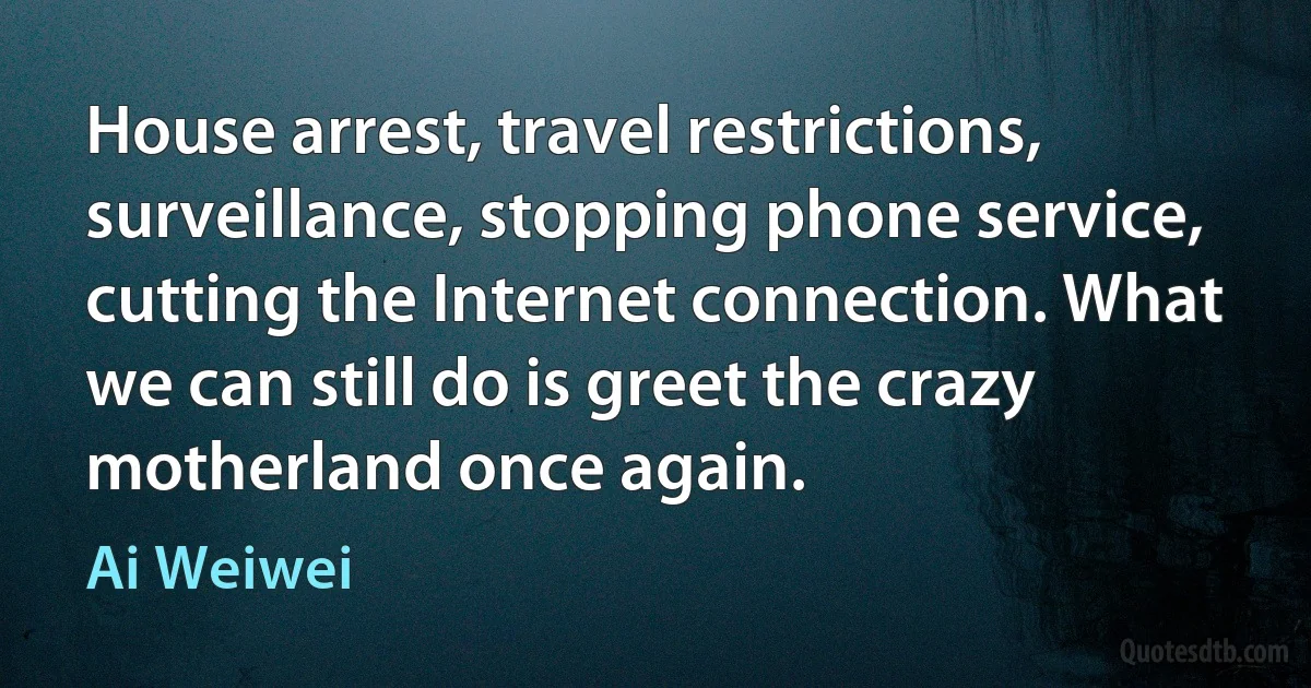 House arrest, travel restrictions, surveillance, stopping phone service, cutting the Internet connection. What we can still do is greet the crazy motherland once again. (Ai Weiwei)