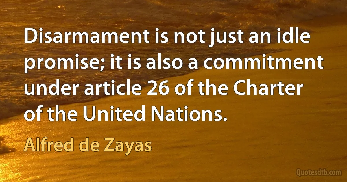 Disarmament is not just an idle promise; it is also a commitment under article 26 of the Charter of the United Nations. (Alfred de Zayas)