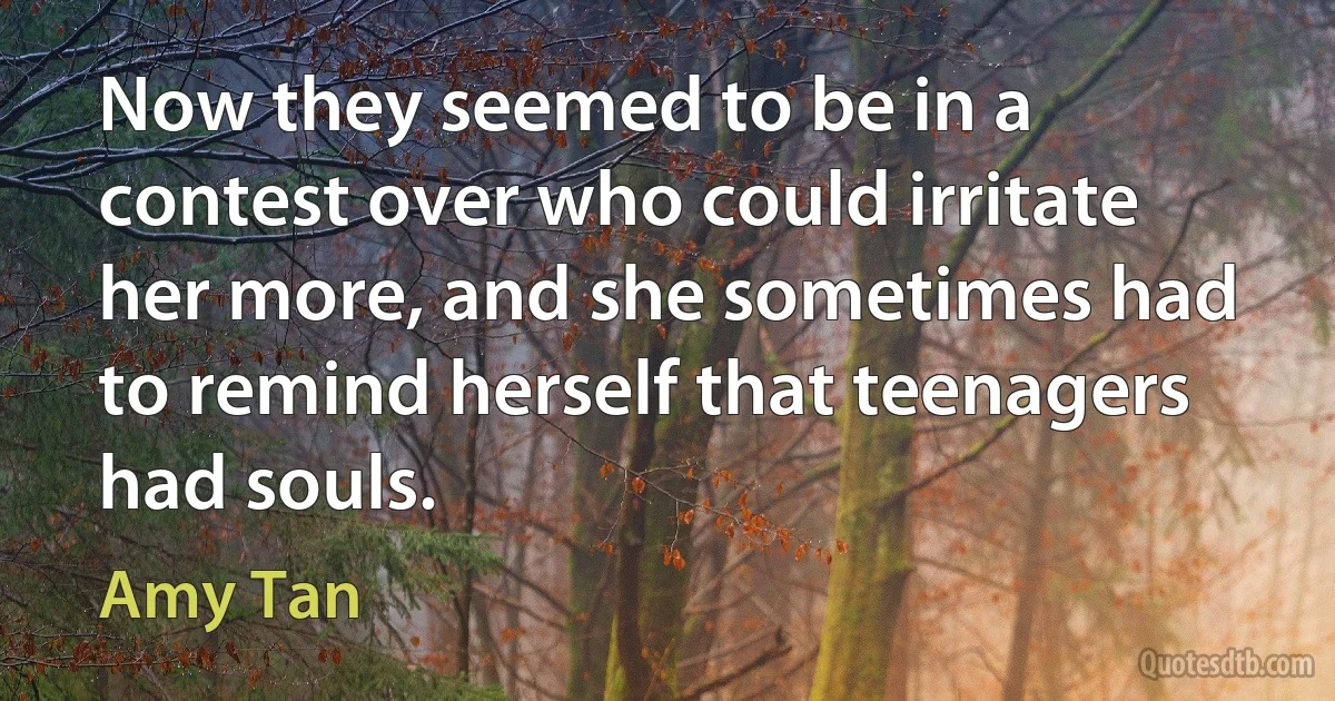 Now they seemed to be in a contest over who could irritate her more, and she sometimes had to remind herself that teenagers had souls. (Amy Tan)