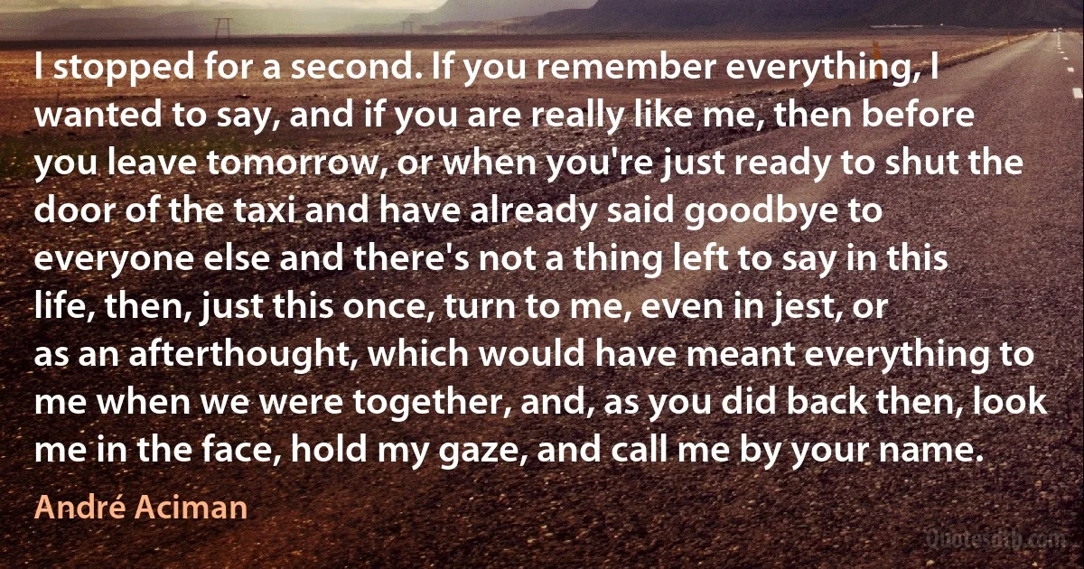 I stopped for a second. If you remember everything, I wanted to say, and if you are really like me, then before you leave tomorrow, or when you're just ready to shut the door of the taxi and have already said goodbye to everyone else and there's not a thing left to say in this life, then, just this once, turn to me, even in jest, or as an afterthought, which would have meant everything to me when we were together, and, as you did back then, look me in the face, hold my gaze, and call me by your name. (André Aciman)