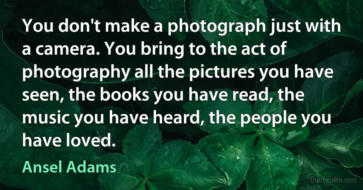 You don't make a photograph just with a camera. You bring to the act of photography all the pictures you have seen, the books you have read, the music you have heard, the people you have loved. (Ansel Adams)