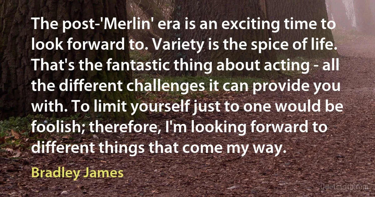 The post-'Merlin' era is an exciting time to look forward to. Variety is the spice of life. That's the fantastic thing about acting - all the different challenges it can provide you with. To limit yourself just to one would be foolish; therefore, I'm looking forward to different things that come my way. (Bradley James)