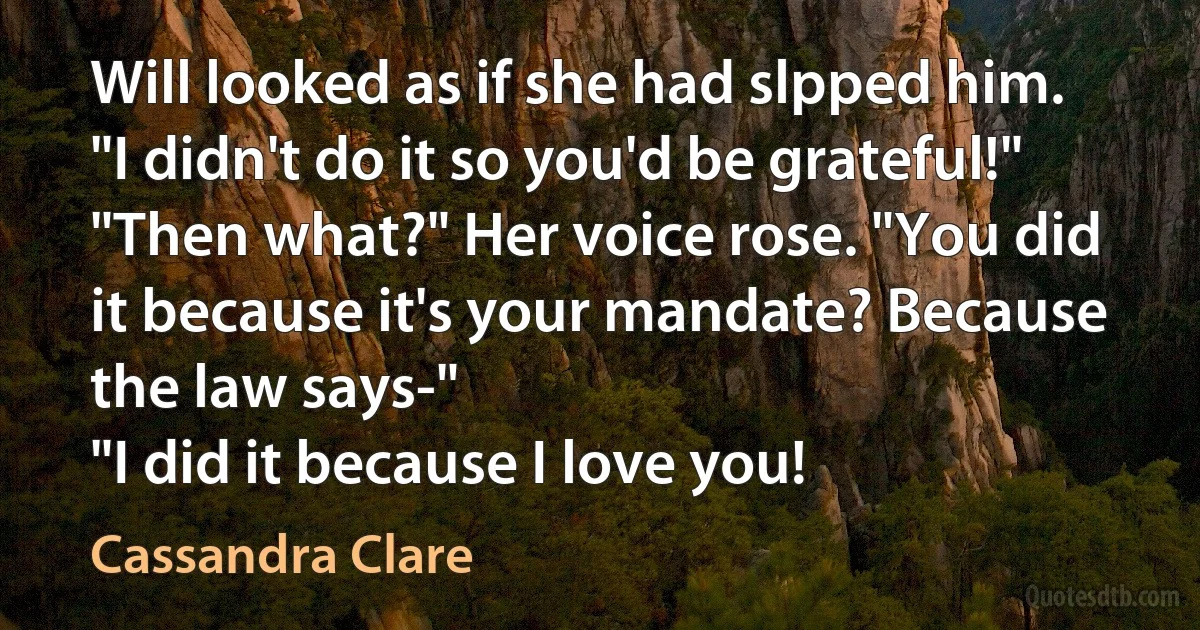 Will looked as if she had slpped him. "I didn't do it so you'd be grateful!"
"Then what?" Her voice rose. "You did it because it's your mandate? Because the law says-"
"I did it because I love you! (Cassandra Clare)