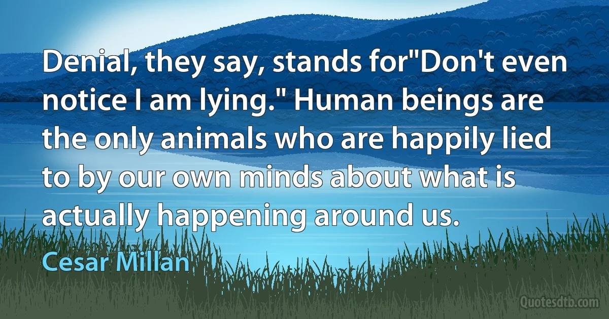 Denial, they say, stands for"Don't even notice I am lying." Human beings are the only animals who are happily lied to by our own minds about what is actually happening around us. (Cesar Millan)