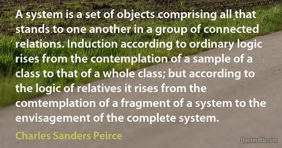 A system is a set of objects comprising all that stands to one another in a group of connected relations. Induction according to ordinary logic rises from the contemplation of a sample of a class to that of a whole class; but according to the logic of relatives it rises from the comtemplation of a fragment of a system to the envisagement of the complete system. (Charles Sanders Peirce)