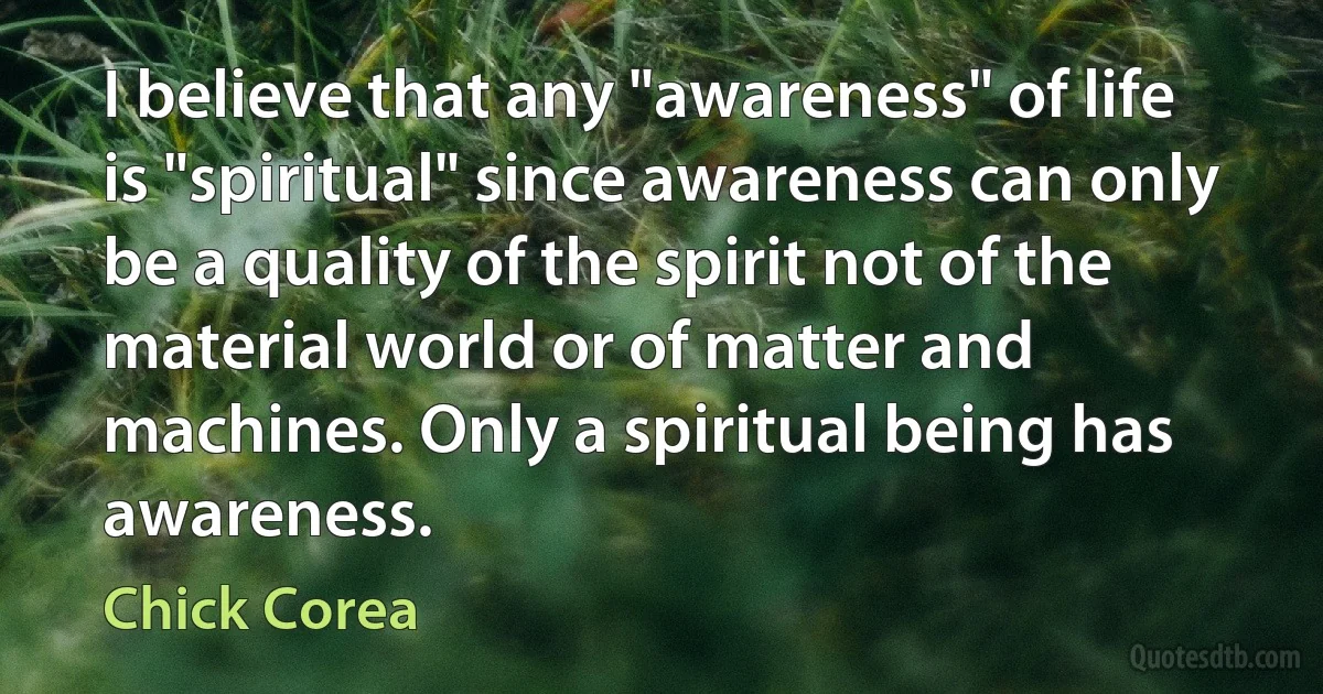 I believe that any "awareness" of life is "spiritual" since awareness can only be a quality of the spirit not of the material world or of matter and machines. Only a spiritual being has awareness. (Chick Corea)