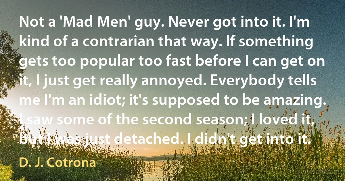 Not a 'Mad Men' guy. Never got into it. I'm kind of a contrarian that way. If something gets too popular too fast before I can get on it, I just get really annoyed. Everybody tells me I'm an idiot; it's supposed to be amazing. I saw some of the second season; I loved it, but I was just detached. I didn't get into it. (D. J. Cotrona)