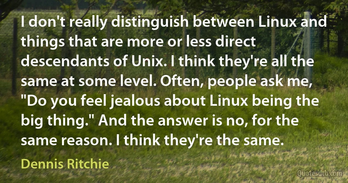 I don't really distinguish between Linux and things that are more or less direct descendants of Unix. I think they're all the same at some level. Often, people ask me, "Do you feel jealous about Linux being the big thing." And the answer is no, for the same reason. I think they're the same. (Dennis Ritchie)