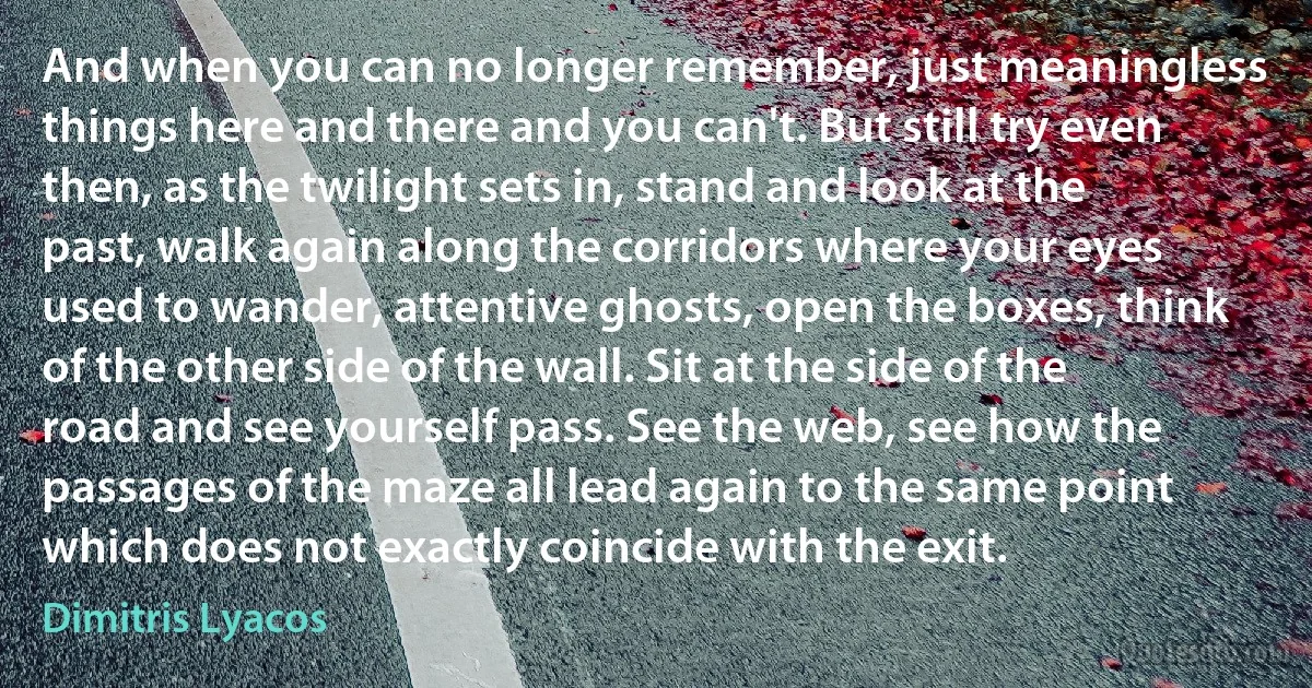 And when you can no longer remember, just meaningless things here and there and you can't. But still try even then, as the twilight sets in, stand and look at the past, walk again along the corridors where your eyes used to wander, attentive ghosts, open the boxes, think of the other side of the wall. Sit at the side of the road and see yourself pass. See the web, see how the passages of the maze all lead again to the same point which does not exactly coincide with the exit. (Dimitris Lyacos)