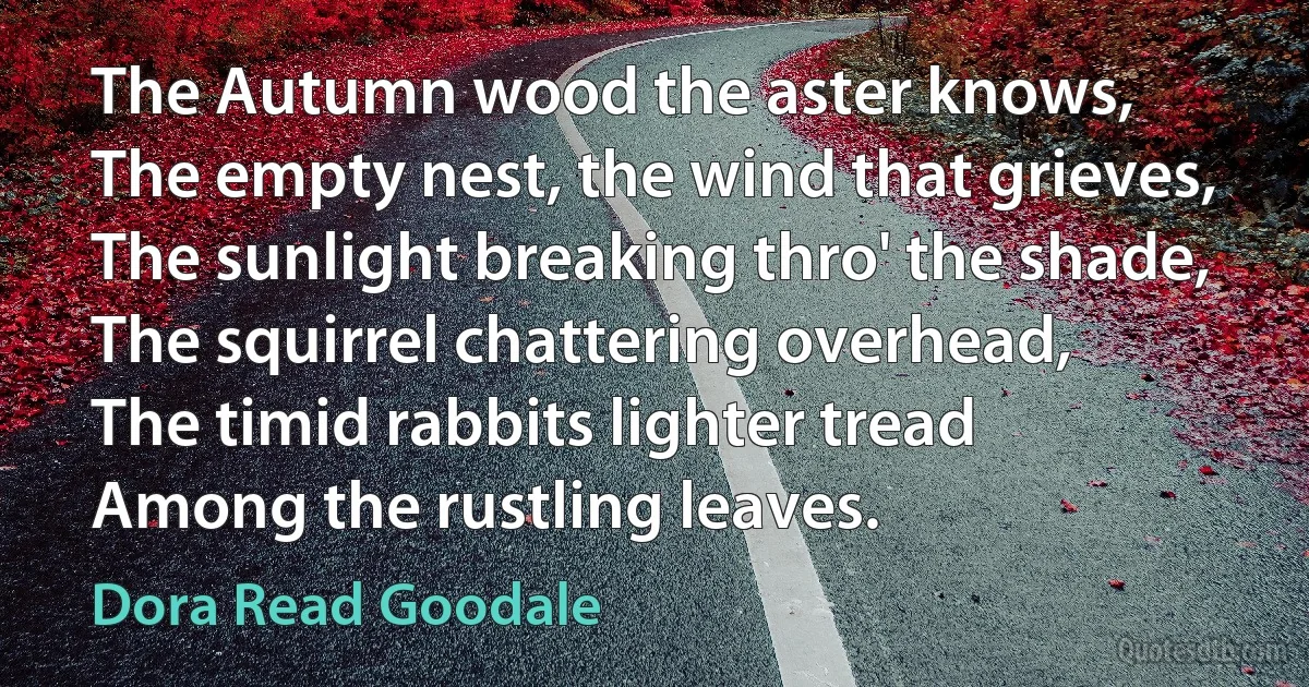 The Autumn wood the aster knows,
The empty nest, the wind that grieves,
The sunlight breaking thro' the shade,
The squirrel chattering overhead,
The timid rabbits lighter tread
Among the rustling leaves. (Dora Read Goodale)