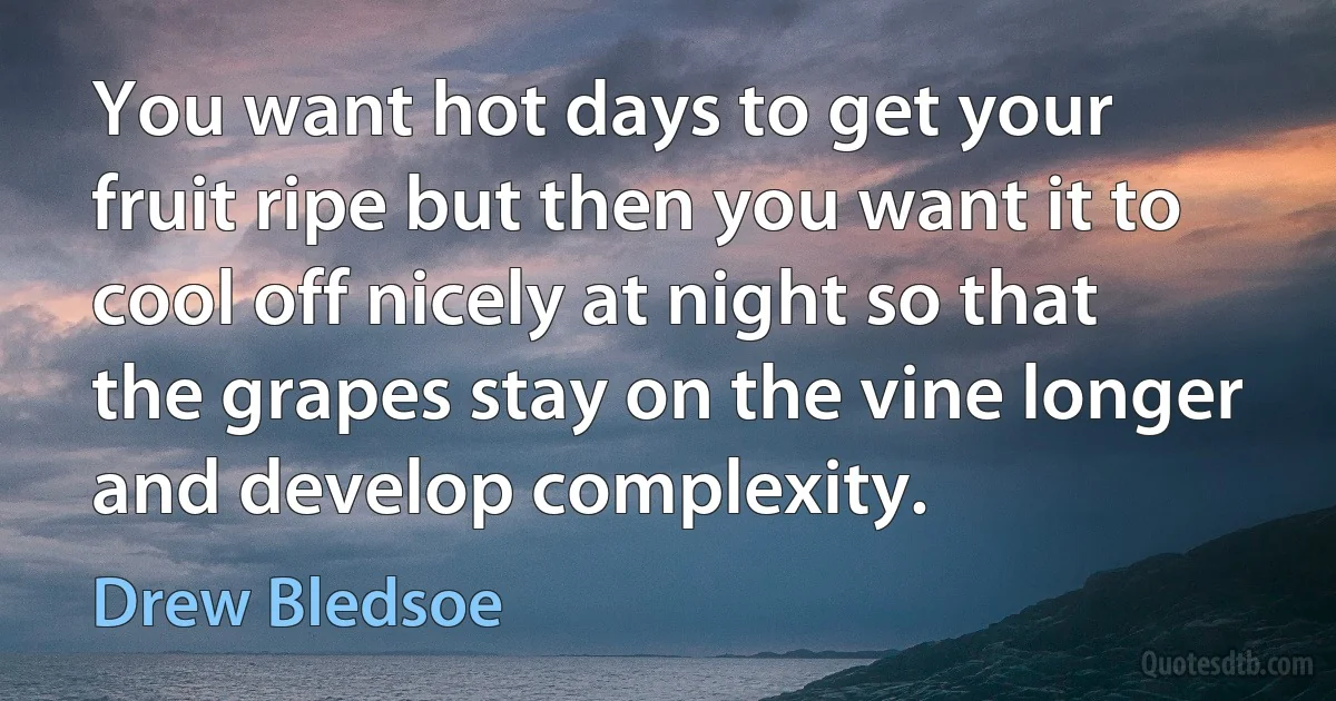 You want hot days to get your fruit ripe but then you want it to cool off nicely at night so that the grapes stay on the vine longer and develop complexity. (Drew Bledsoe)