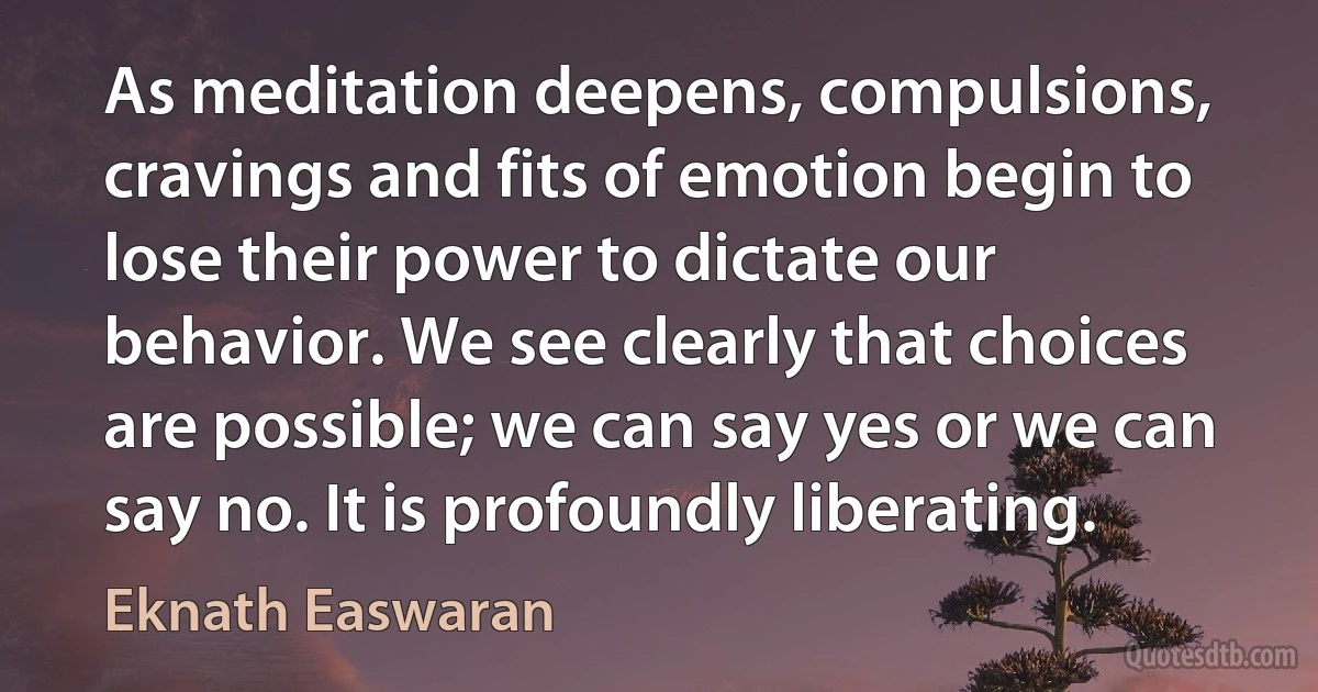 As meditation deepens, compulsions, cravings and fits of emotion begin to lose their power to dictate our behavior. We see clearly that choices are possible; we can say yes or we can say no. It is profoundly liberating. (Eknath Easwaran)