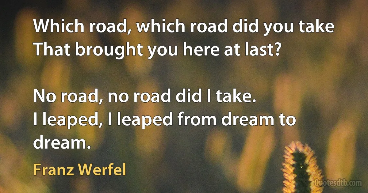 Which road, which road did you take
That brought you here at last?

No road, no road did I take.
I leaped, I leaped from dream to dream. (Franz Werfel)