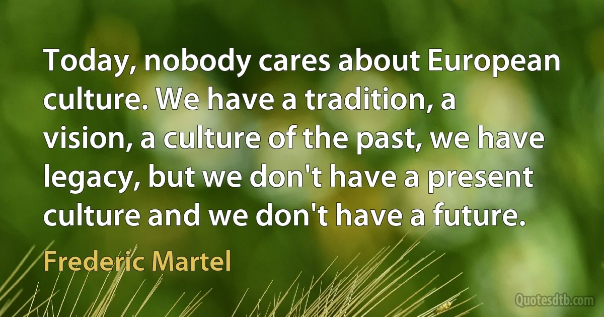 Today, nobody cares about European culture. We have a tradition, a vision, a culture of the past, we have legacy, but we don't have a present culture and we don't have a future. (Frederic Martel)