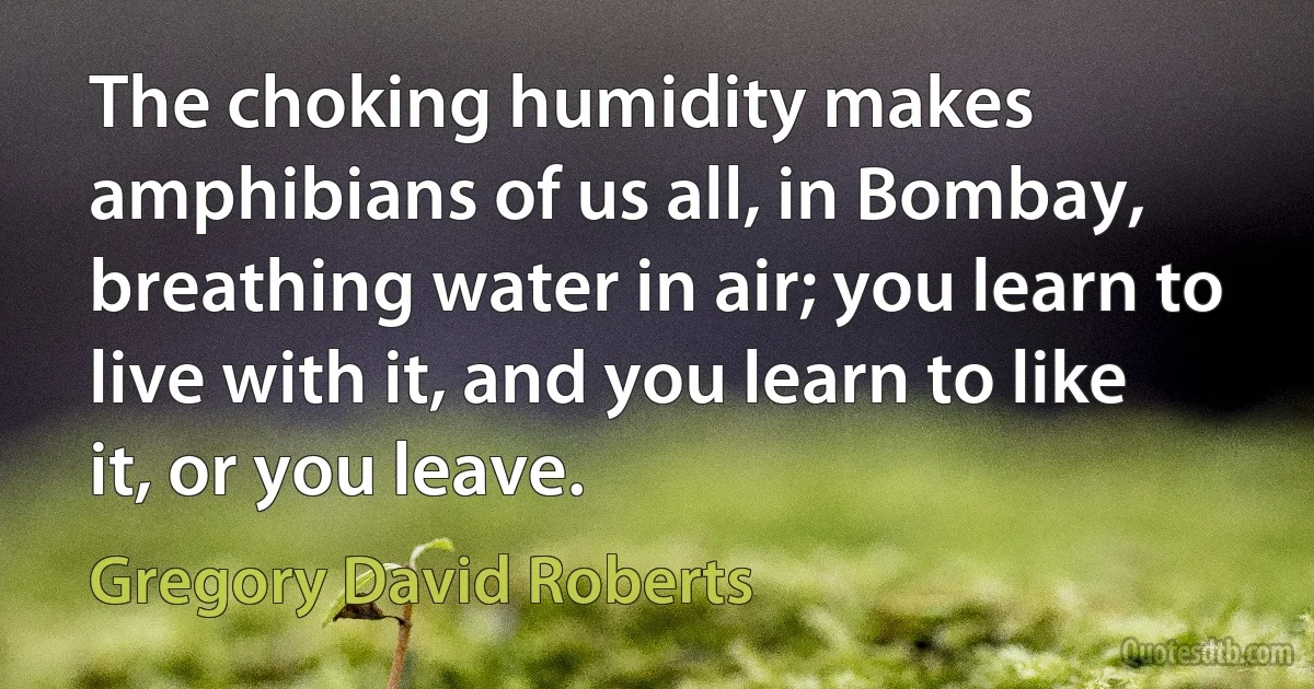 The choking humidity makes amphibians of us all, in Bombay, breathing water in air; you learn to live with it, and you learn to like it, or you leave. (Gregory David Roberts)