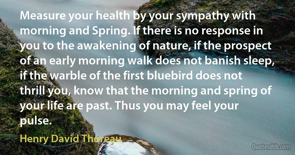 Measure your health by your sympathy with morning and Spring. If there is no response in you to the awakening of nature, if the prospect of an early morning walk does not banish sleep, if the warble of the first bluebird does not thrill you, know that the morning and spring of your life are past. Thus you may feel your pulse. (Henry David Thoreau)