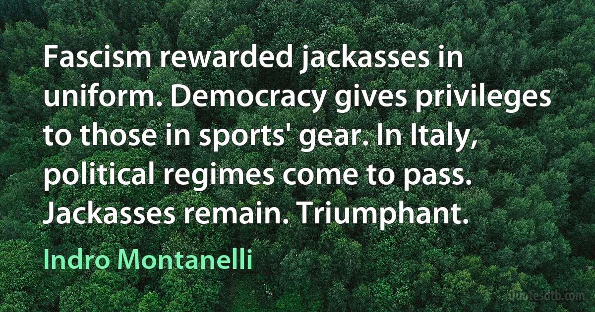 Fascism rewarded jackasses in uniform. Democracy gives privileges to those in sports' gear. In Italy, political regimes come to pass. Jackasses remain. Triumphant. (Indro Montanelli)