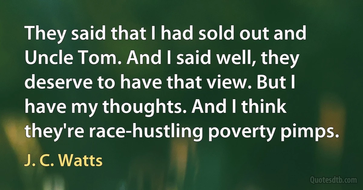 They said that I had sold out and Uncle Tom. And I said well, they deserve to have that view. But I have my thoughts. And I think they're race-hustling poverty pimps. (J. C. Watts)