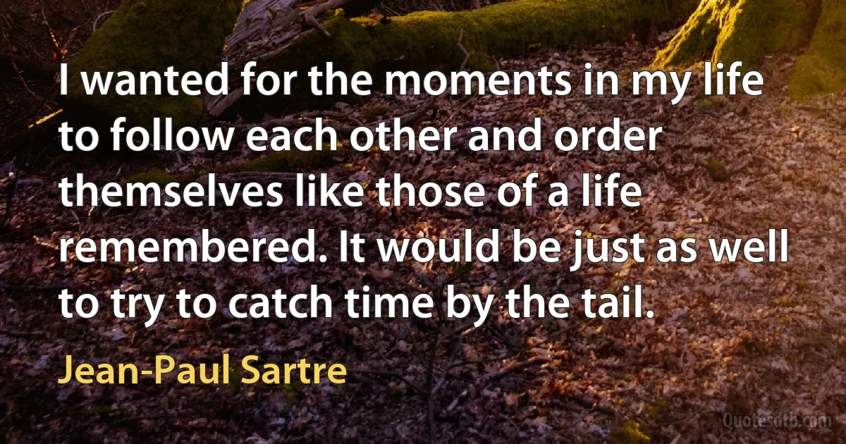 I wanted for the moments in my life to follow each other and order themselves like those of a life remembered. It would be just as well to try to catch time by the tail. (Jean-Paul Sartre)