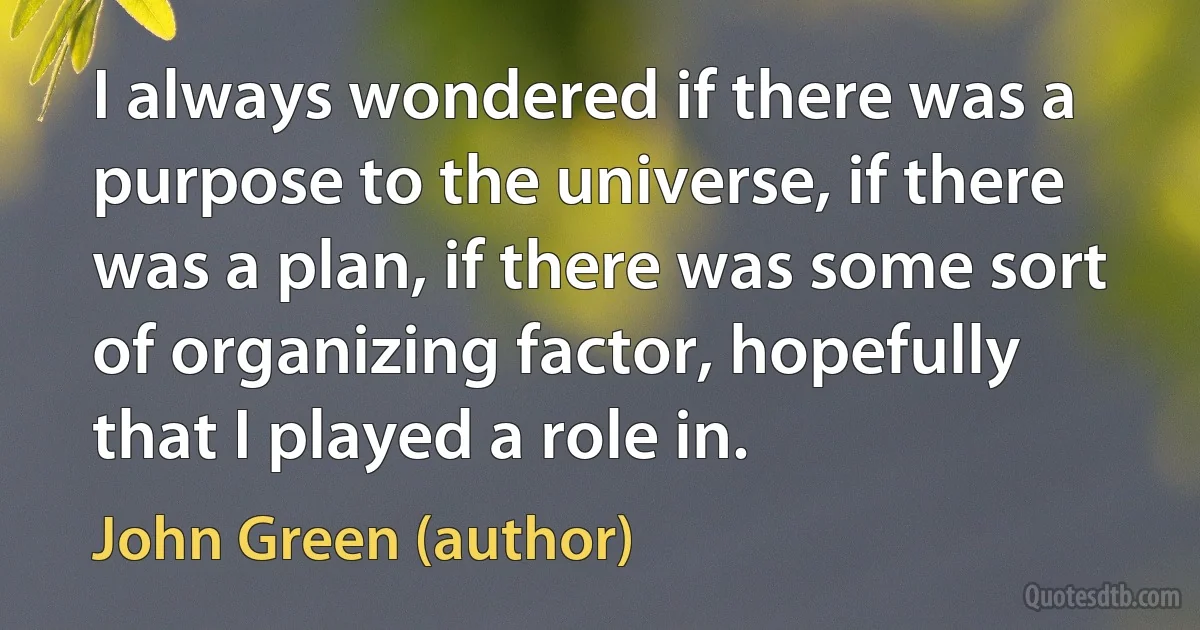 I always wondered if there was a purpose to the universe, if there was a plan, if there was some sort of organizing factor, hopefully that I played a role in. (John Green (author))