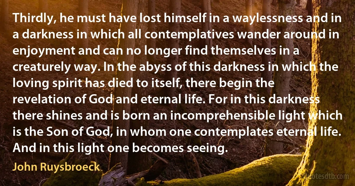 Thirdly, he must have lost himself in a waylessness and in a darkness in which all contemplatives wander around in enjoyment and can no longer find themselves in a creaturely way. In the abyss of this darkness in which the loving spirit has died to itself, there begin the revelation of God and eternal life. For in this darkness there shines and is born an incomprehensible light which is the Son of God, in whom one contemplates eternal life. And in this light one becomes seeing. (John Ruysbroeck)