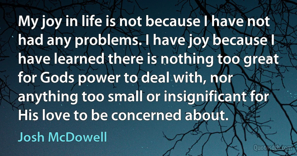 My joy in life is not because I have not had any problems. I have joy because I have learned there is nothing too great for Gods power to deal with, nor anything too small or insignificant for His love to be concerned about. (Josh McDowell)