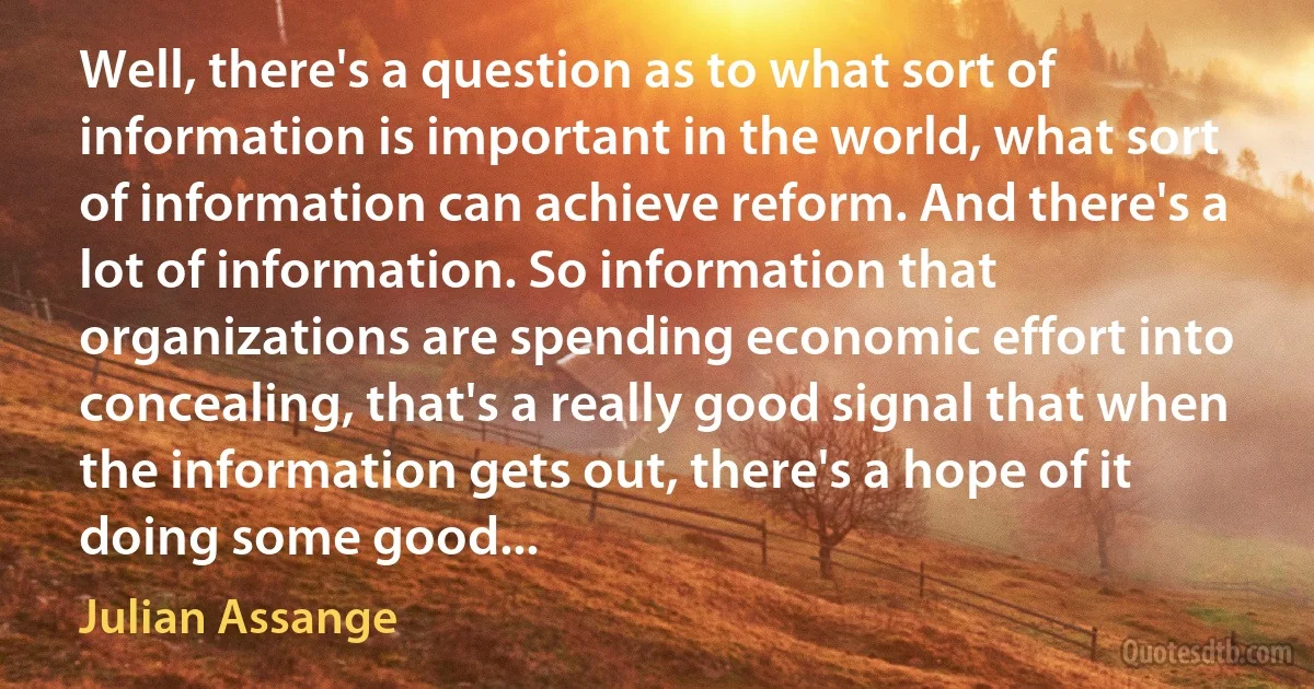 Well, there's a question as to what sort of information is important in the world, what sort of information can achieve reform. And there's a lot of information. So information that organizations are spending economic effort into concealing, that's a really good signal that when the information gets out, there's a hope of it doing some good... (Julian Assange)