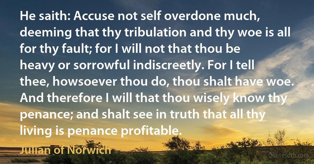 He saith: Accuse not self overdone much, deeming that thy tribulation and thy woe is all for thy fault; for I will not that thou be heavy or sorrowful indiscreetly. For I tell thee, howsoever thou do, thou shalt have woe. And therefore I will that thou wisely know thy penance; and shalt see in truth that all thy living is penance profitable. (Julian of Norwich)