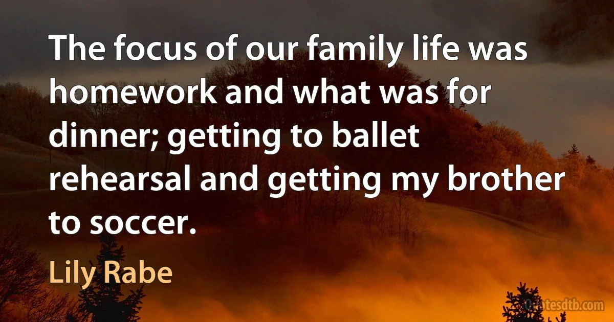 The focus of our family life was homework and what was for dinner; getting to ballet rehearsal and getting my brother to soccer. (Lily Rabe)