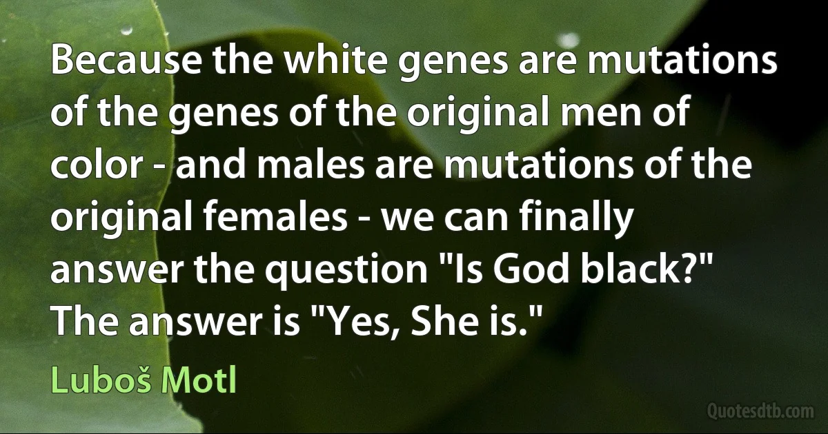 Because the white genes are mutations of the genes of the original men of color - and males are mutations of the original females - we can finally answer the question "Is God black?" The answer is "Yes, She is." (Luboš Motl)