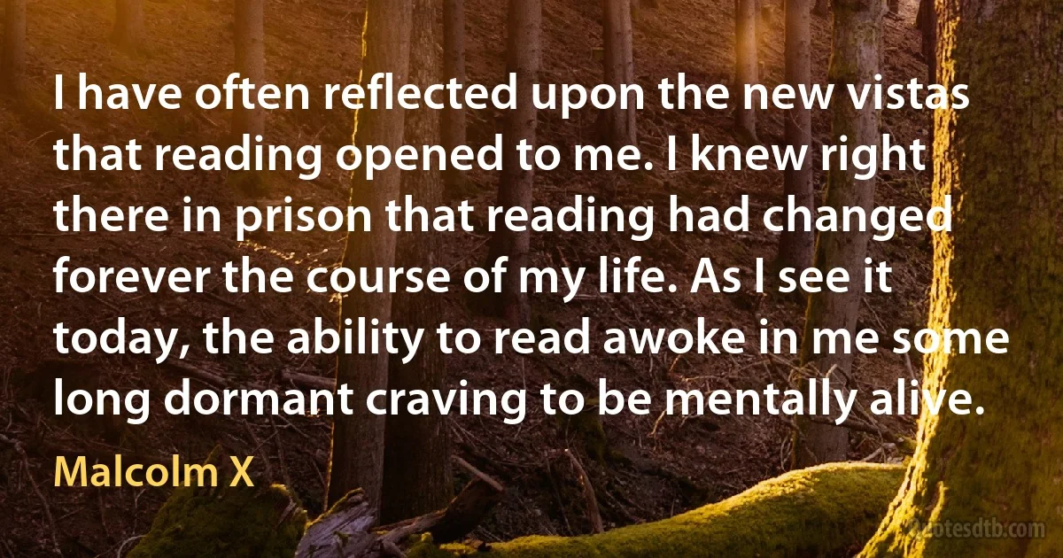 I have often reflected upon the new vistas that reading opened to me. I knew right there in prison that reading had changed forever the course of my life. As I see it today, the ability to read awoke in me some long dormant craving to be mentally alive. (Malcolm X)