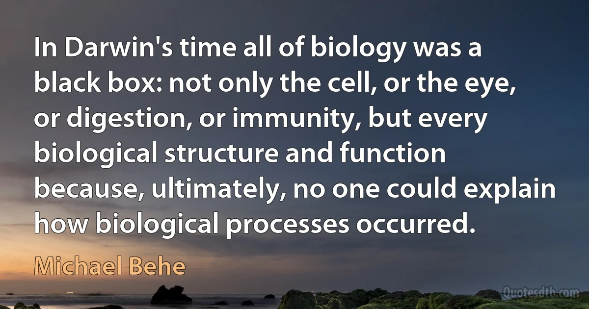 In Darwin's time all of biology was a black box: not only the cell, or the eye, or digestion, or immunity, but every biological structure and function because, ultimately, no one could explain how biological processes occurred. (Michael Behe)